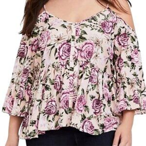 Torrid Floral Print Cold Shoulder Top Plus Size XL Tiered Bell Sleeve sexy beach